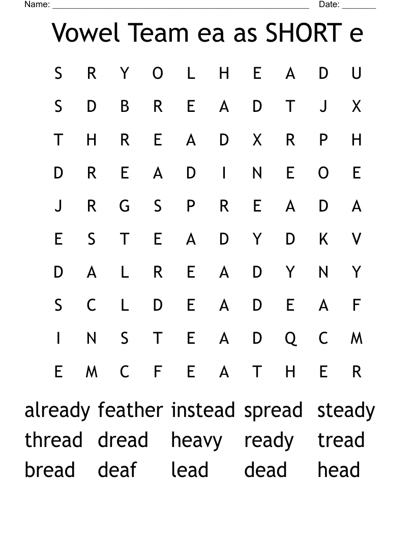 Vowel Team ea as SHORT e Word Search