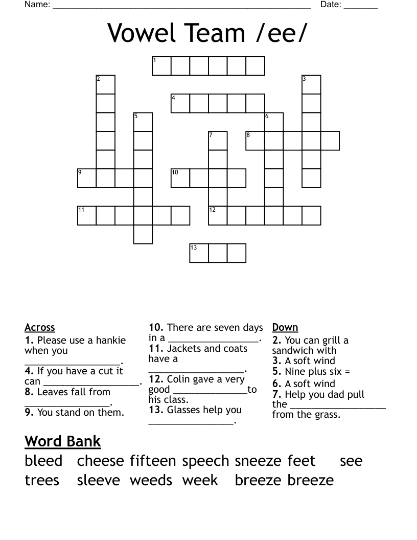 Vowel Team /ee/ Crossword