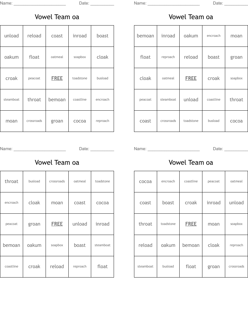 Vowel Team oa Bingo Cards