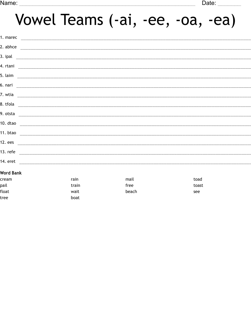Vowel Teams  (-ai, -ee, -oa, -ea) Word Scramble