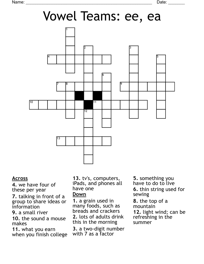 Vowel Teams: ee, ea Crossword