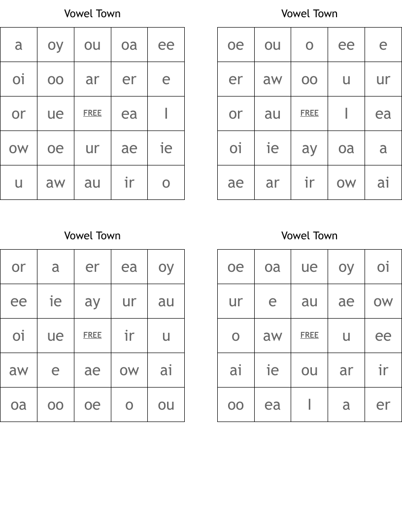 Vowel Town Bingo Cards