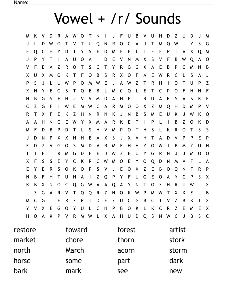 Vowel + /r/ Sounds Word Search