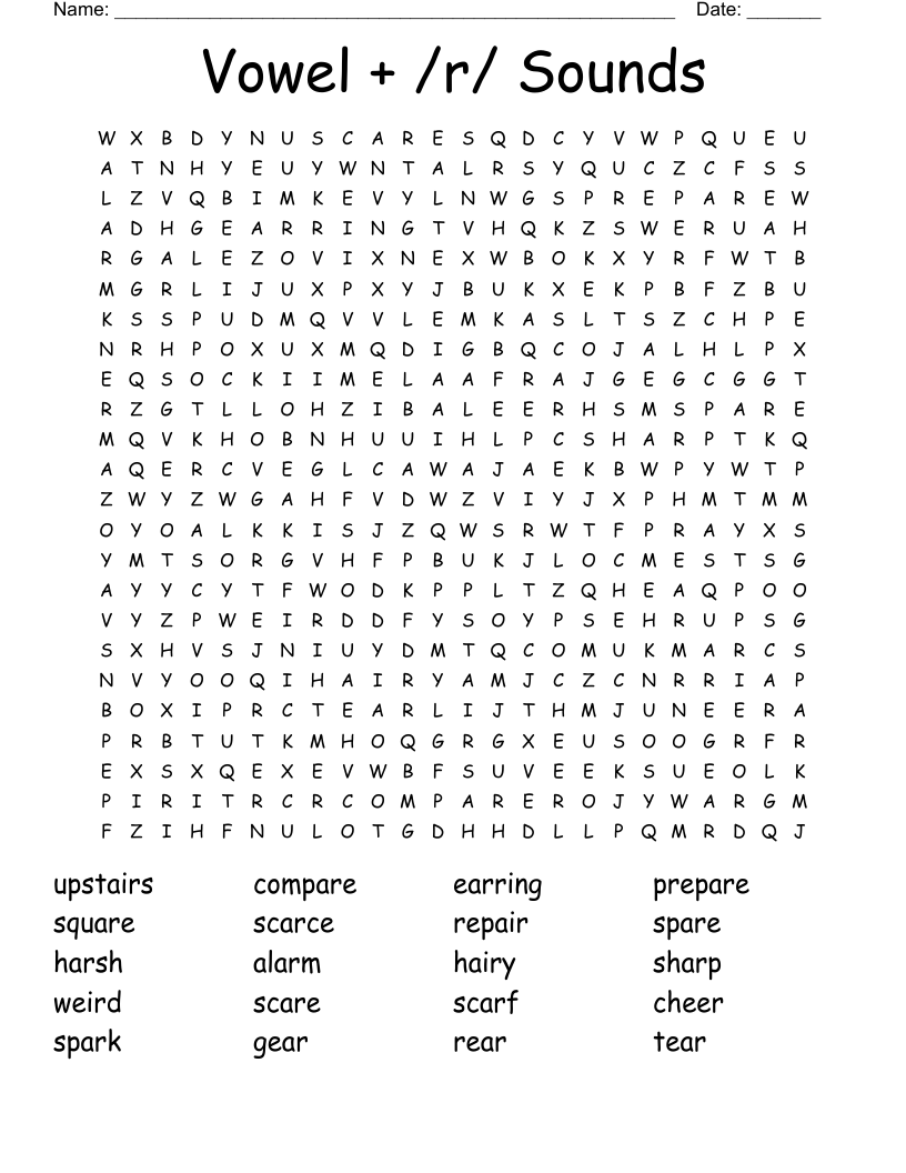 Vowel + /r/ Sounds Word Search