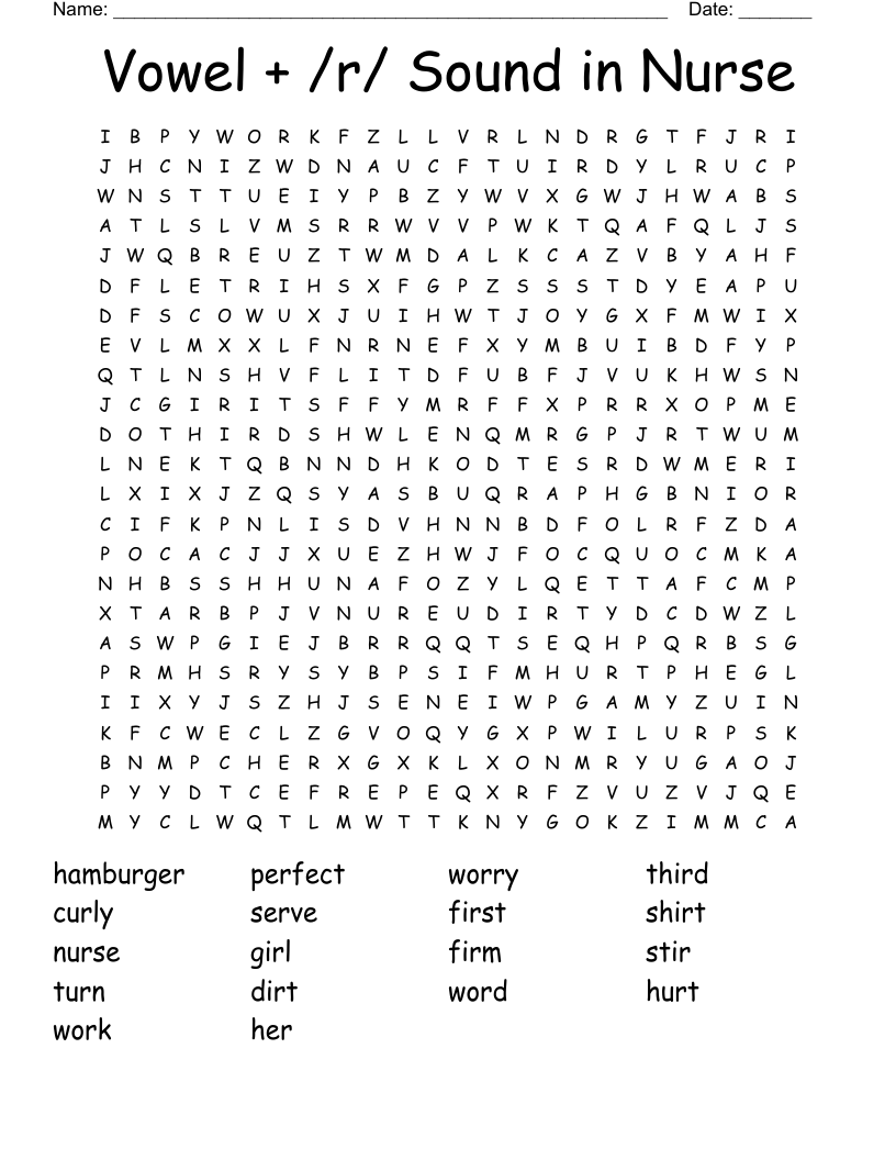 Vowel + /r/  Sound in Nurse Word Search