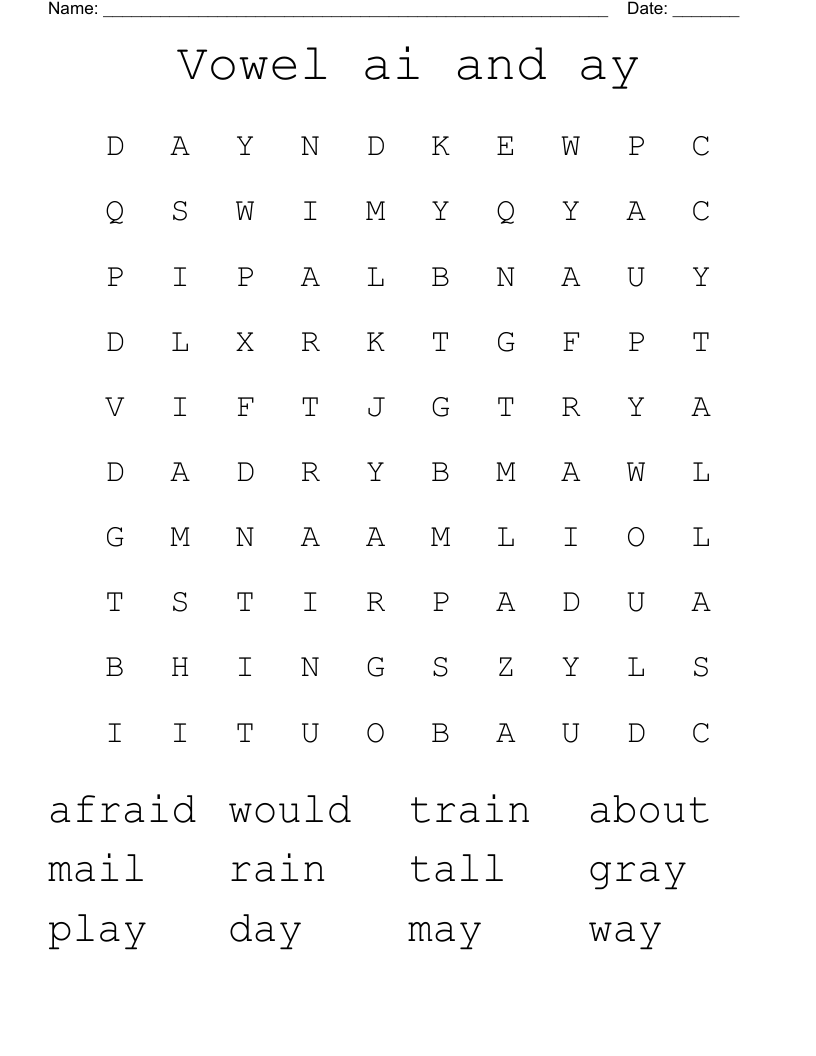 Vowel ai and ay Word Search