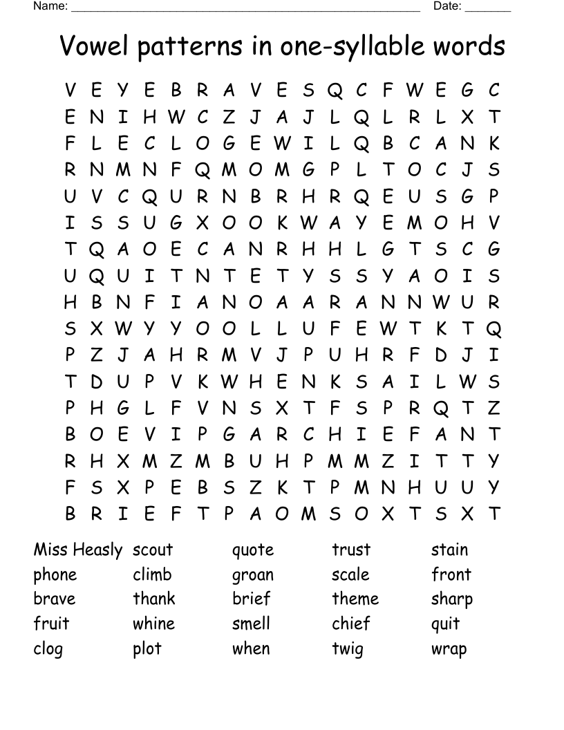 Vowel patterns in one-syllable words Word Search