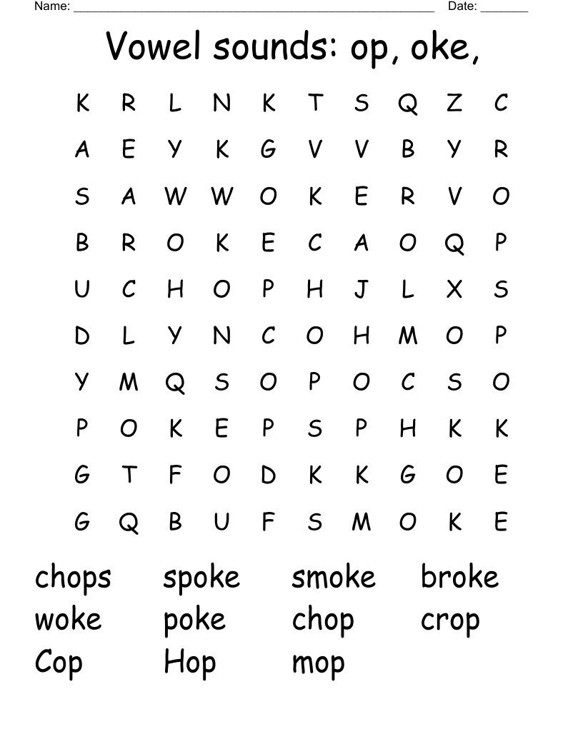 Vowel sounds: op, oke,  Word Search