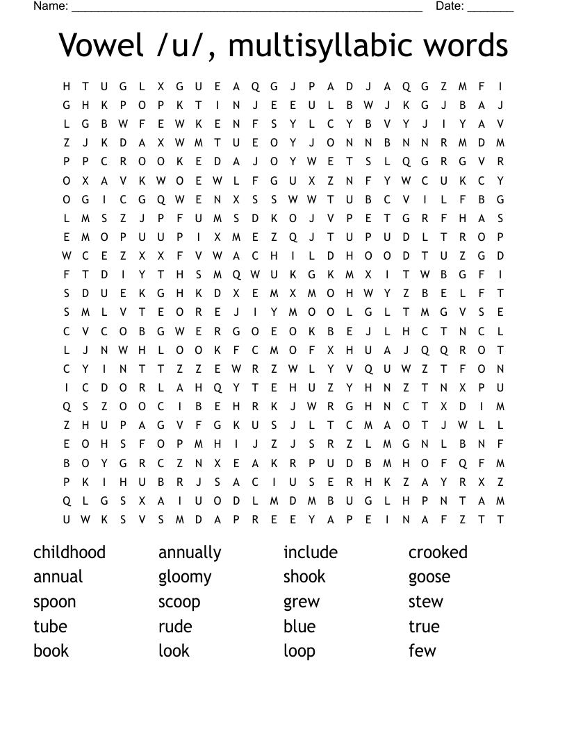 Vowel /u/, multisyllabic words Word Search