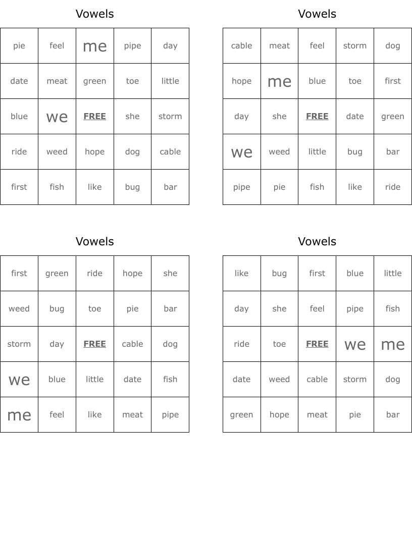 Vowels Bingo Cards