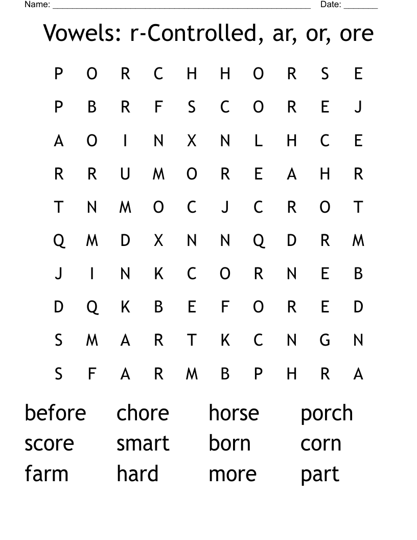 Vowels: r-Controlled, ar, or, ore Word Search