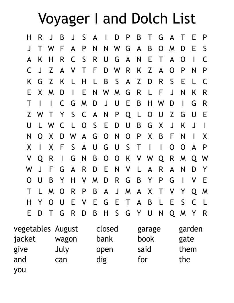Voyager I and Dolch List  Word Search