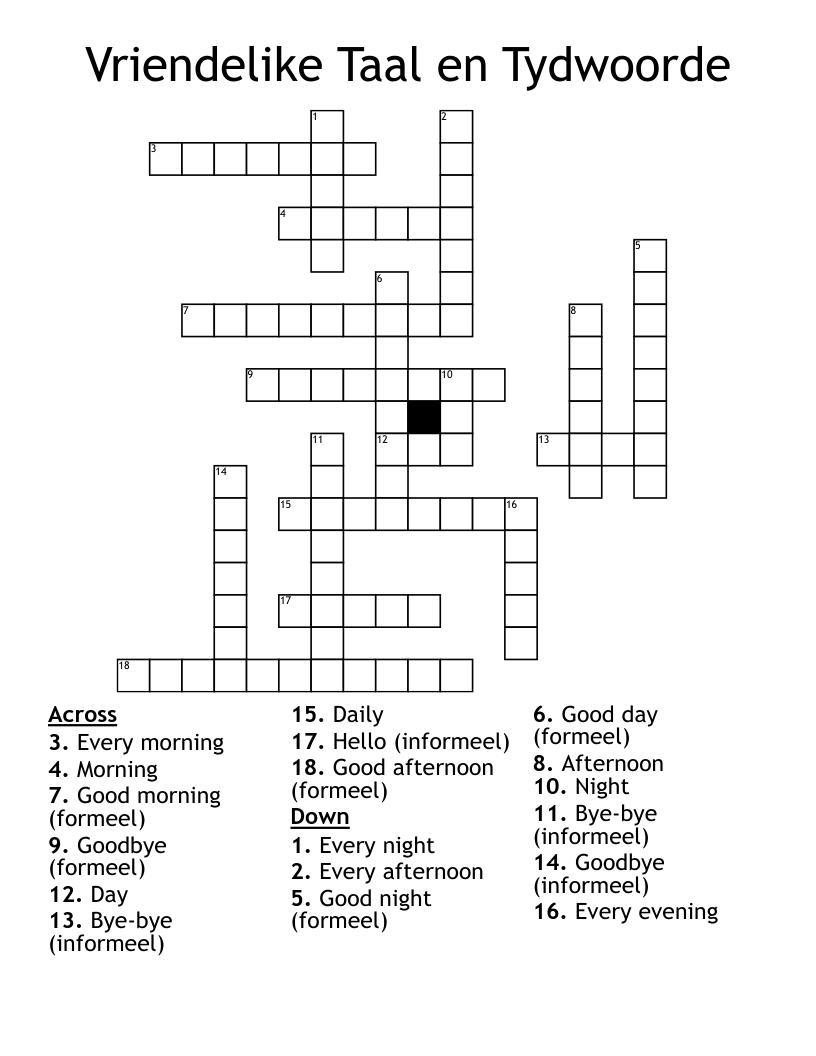Vriendelike Taal en Tydwoorde Crossword