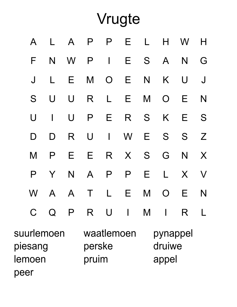 Vrugte Word Search