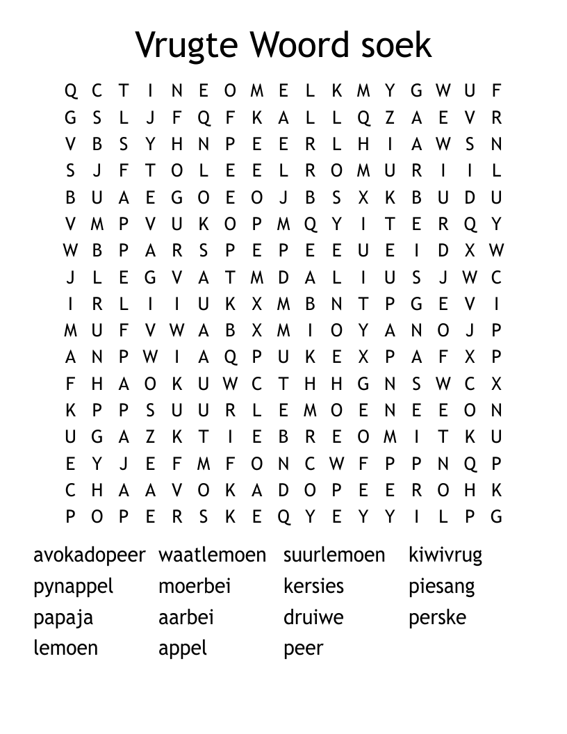 Vrugte Woord soek Word Search