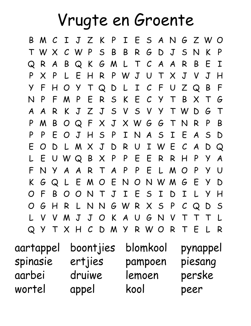 Vrugte en Groente Word Search