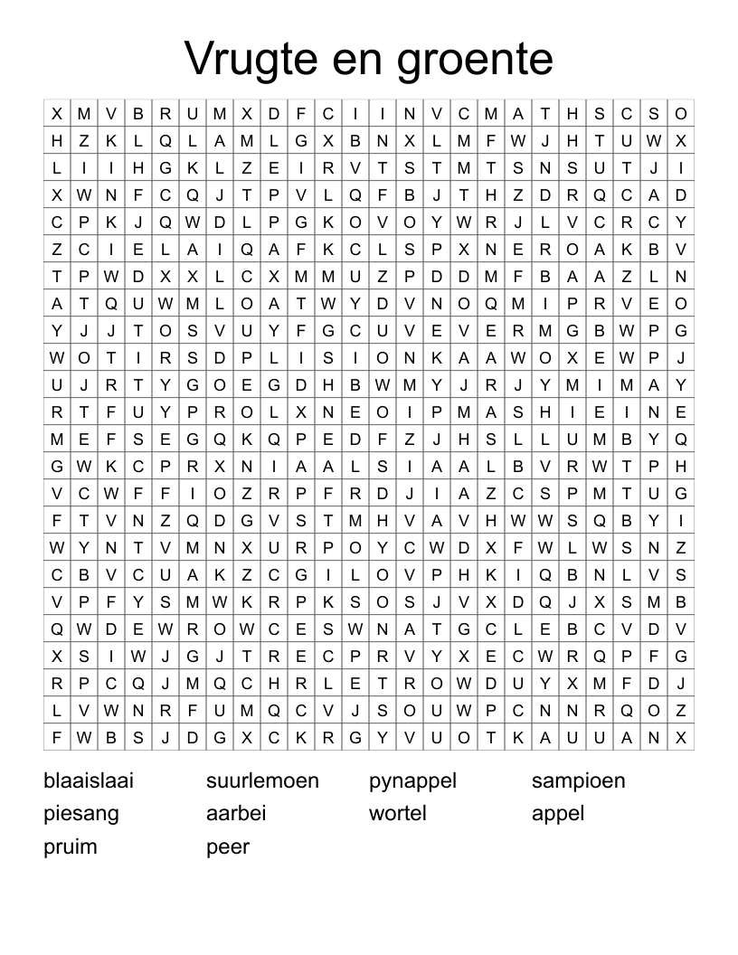 Vrugte en groente Word Search