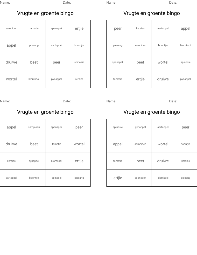 Vrugte en groente bingo