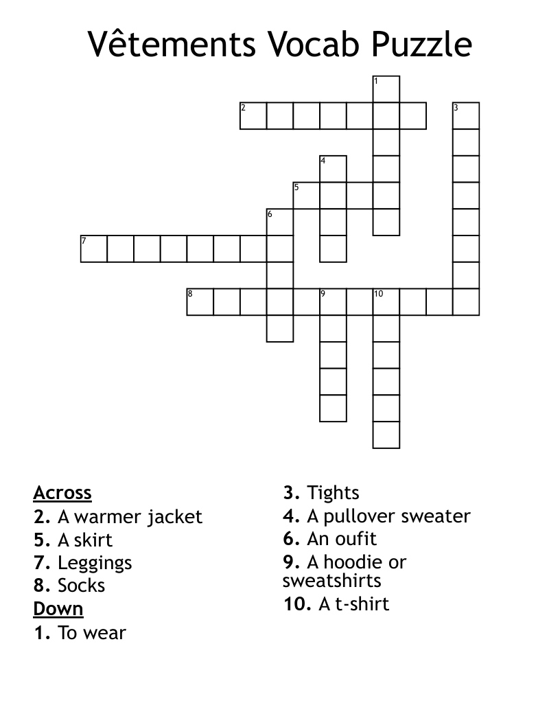 Vêtements  Vocab Puzzle Crossword