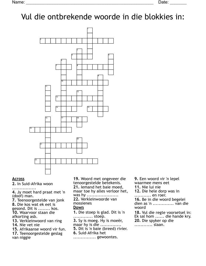 Vul die ontbrekende woorde in die blokkies in: Crossword