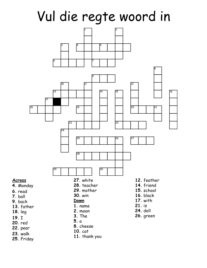 Vul die regte woord in Crossword