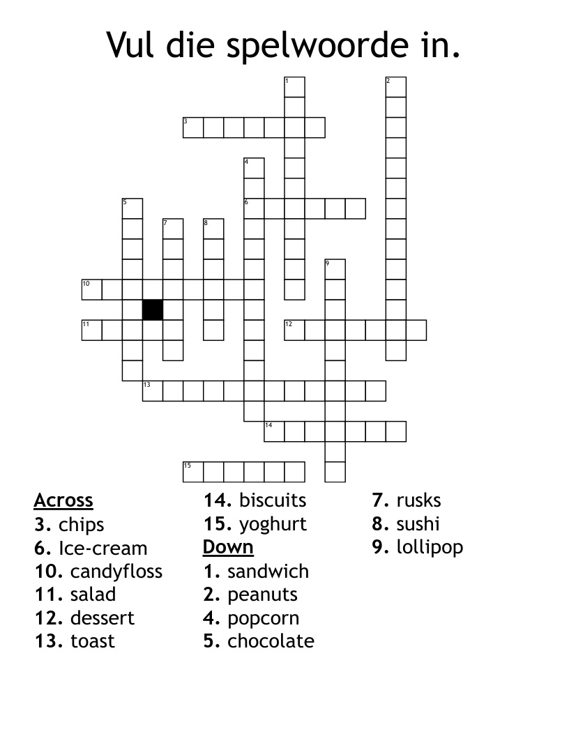 Vul die spelwoorde in. Crossword