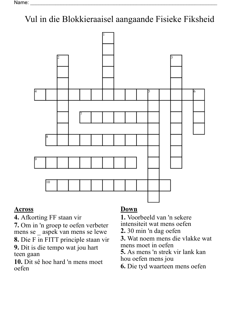 Vul in die Blokkieraaisel aangaande Fisieke Fiksheid Crossword