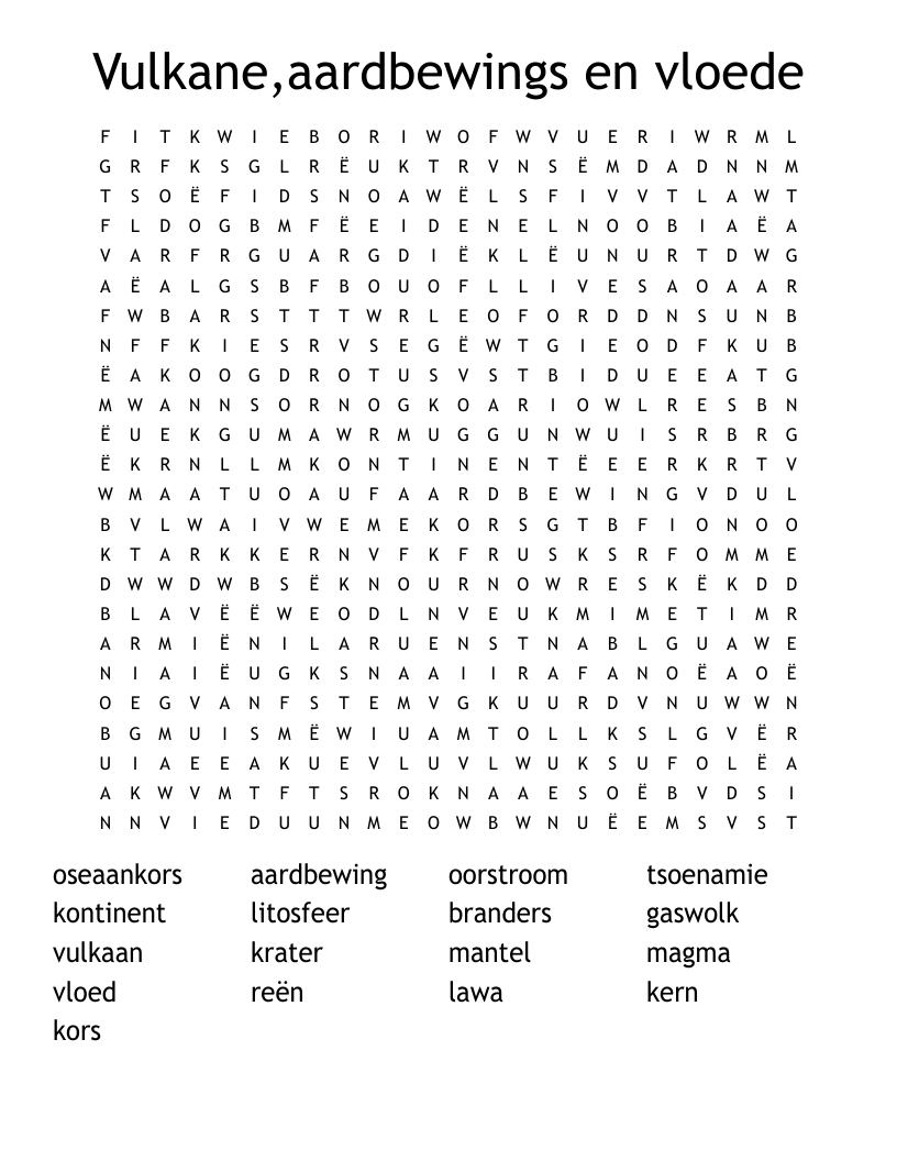 Vulkane,aardbewings en vloede Word Search