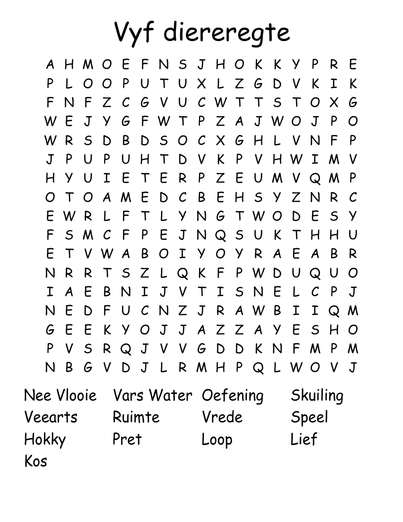 Vyf diereregte Word Search