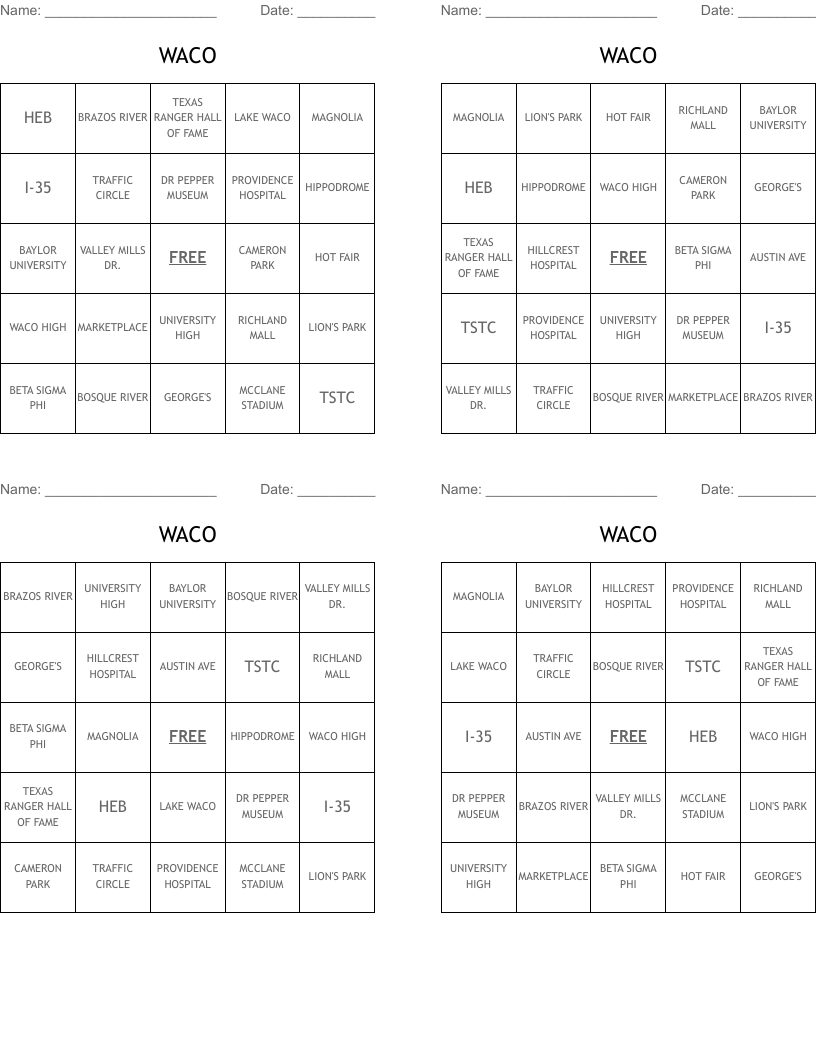 WACO Bingo Cards