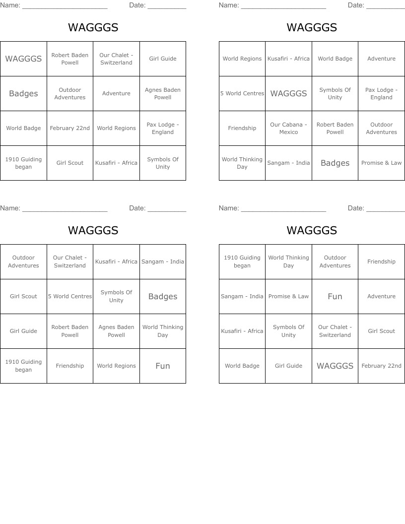 WAGGGS Bingo Cards