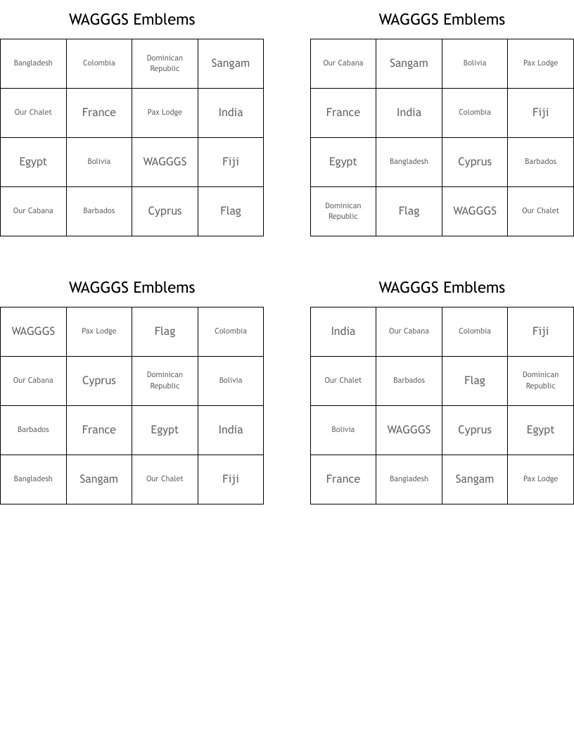 WAGGGS Emblems Bingo Cards