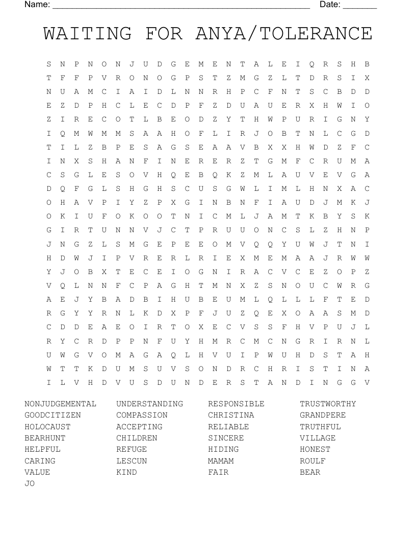 WAITING FOR ANYA/TOLERANCE Word Search