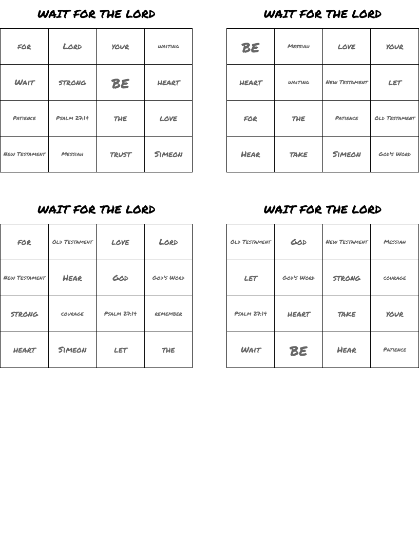 WAIT FOR THE LORD Bingo Cards