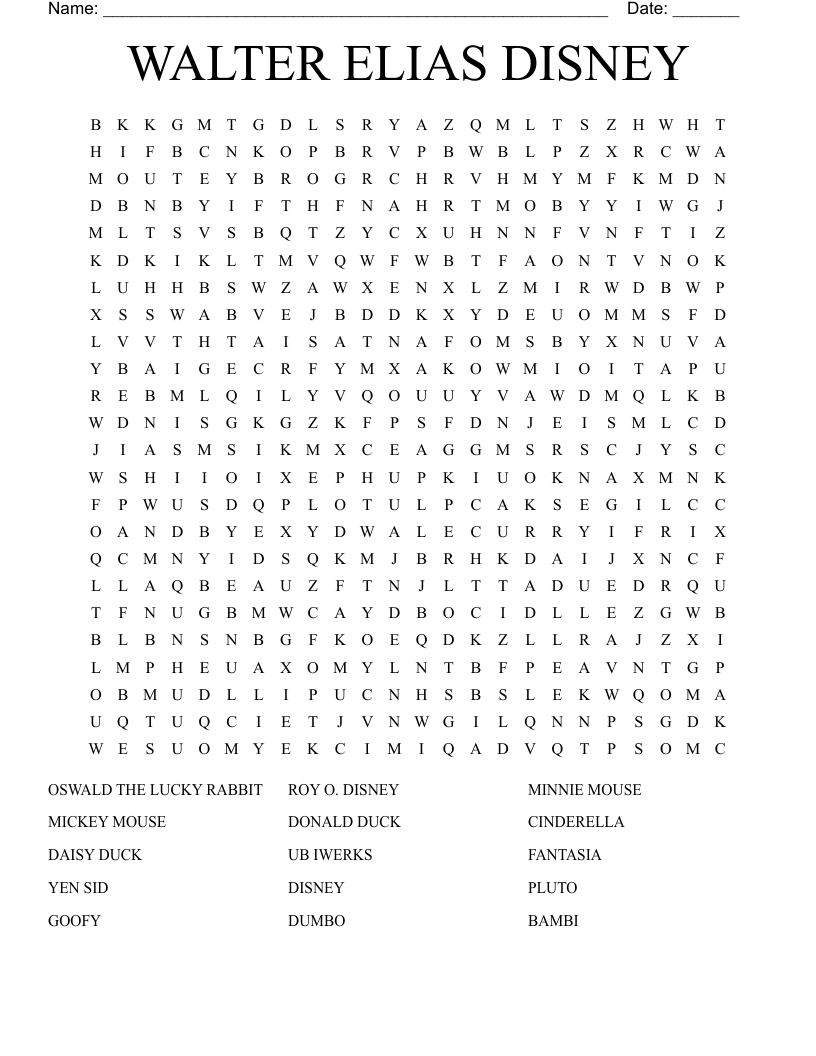 WALTER ELIAS DISNEY Word Search