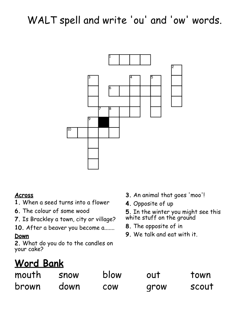 WALT spell and write 'ou' and 'ow' words.  Crossword