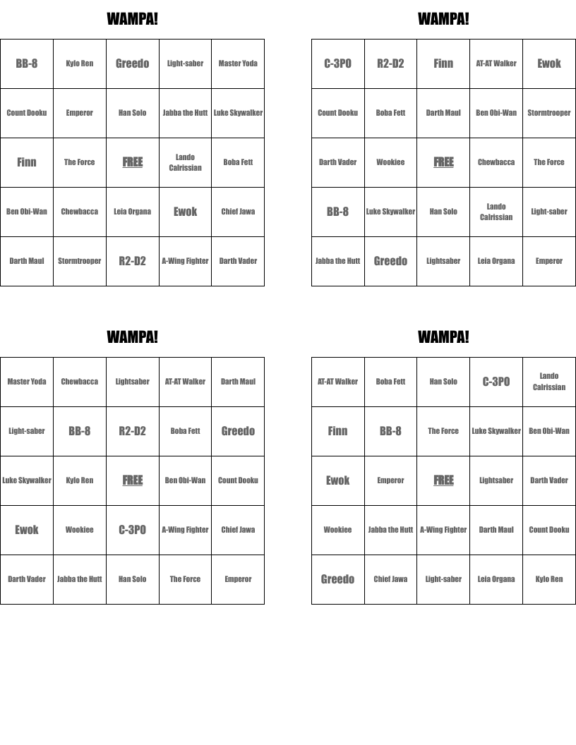 WAMPA! Bingo Cards