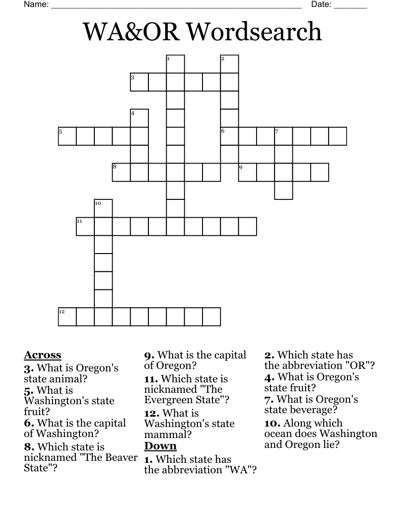 WA&OR Wordsearch Crossword