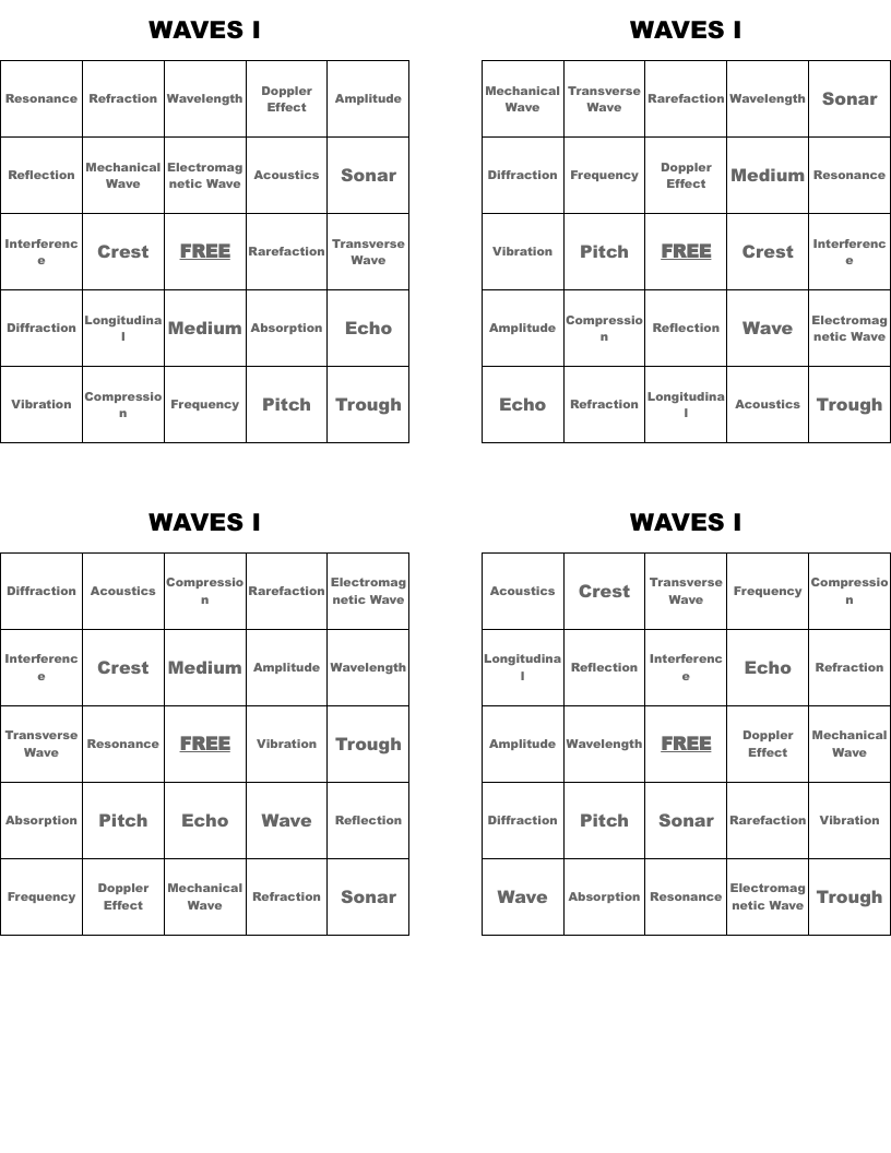 WAVES I Bingo Cards