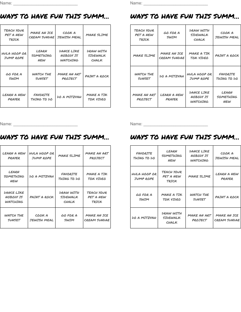 WAYS TO HAVE FUN THIS SUMMER! Bingo Cards