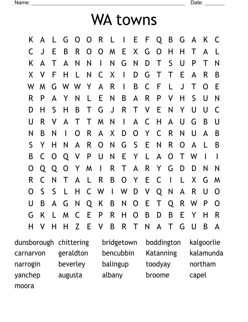 WA towns Word Search