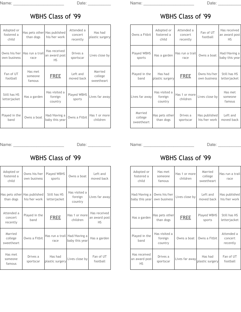 WBHS Class of '99 Bingo Cards