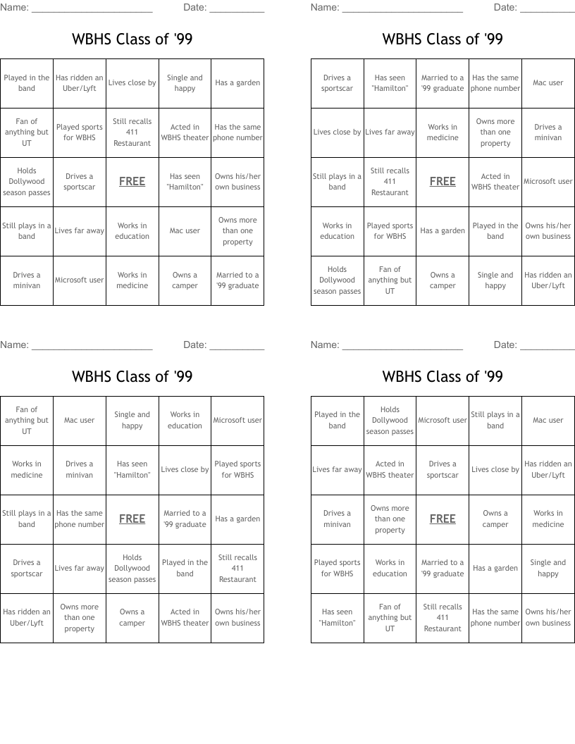 WBHS Class of '99 Bingo Cards