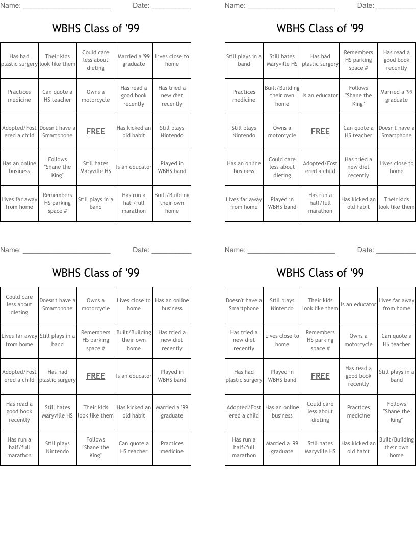 WBHS Class of '99 Bingo Cards