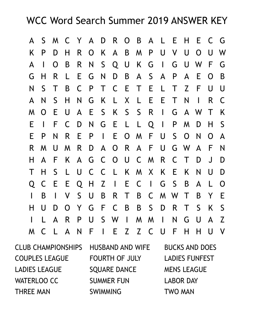 WCC Word Search Summer 2019 ANSWER KEY