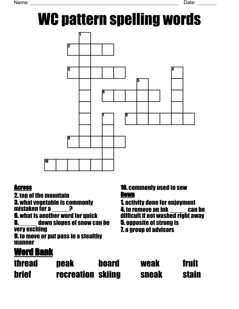 WC pattern spelling words Crossword