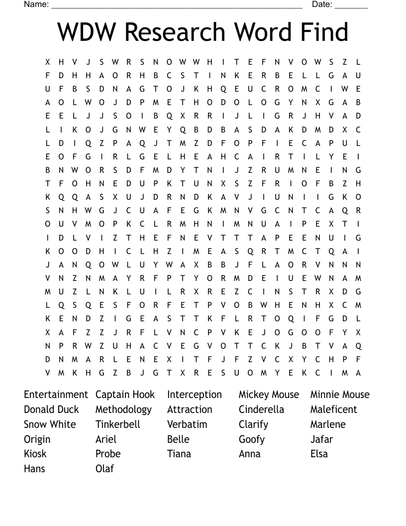 WDW Research Word Find Word Search