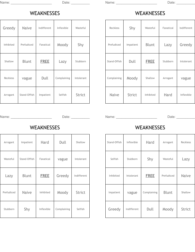 WEAKNESSES Bingo Cards