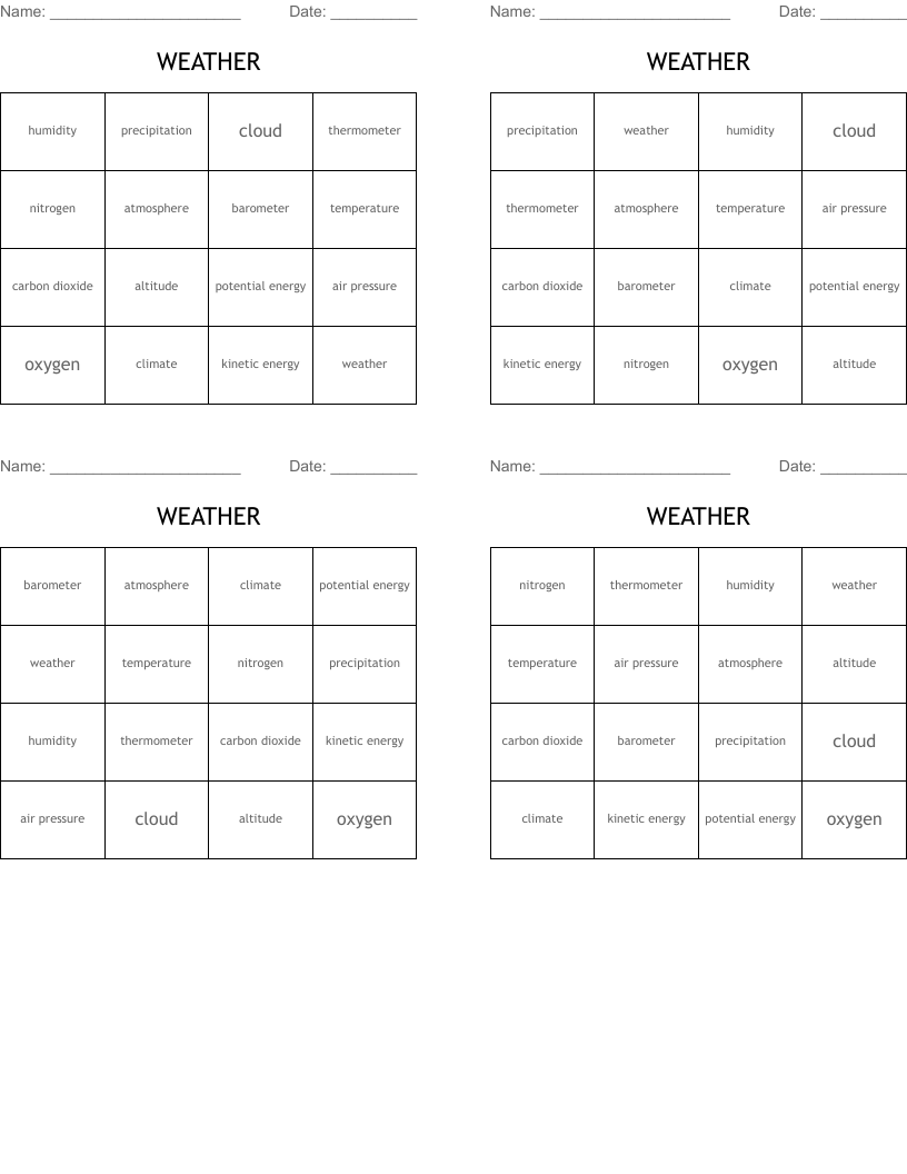 WEATHER Bingo Cards