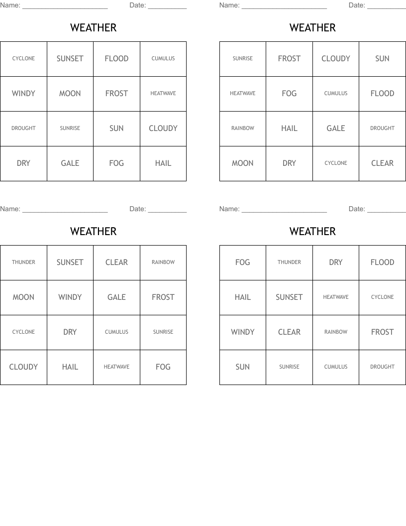 WEATHER Bingo Cards